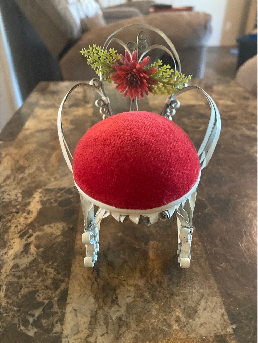 Vintage Decorative Metal and Velvet Pincushion Chair with Floral Detail